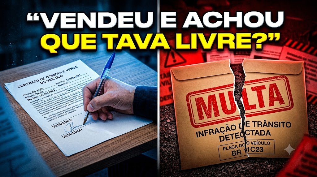 Documento de venda de carro ao lado de notificação de multa